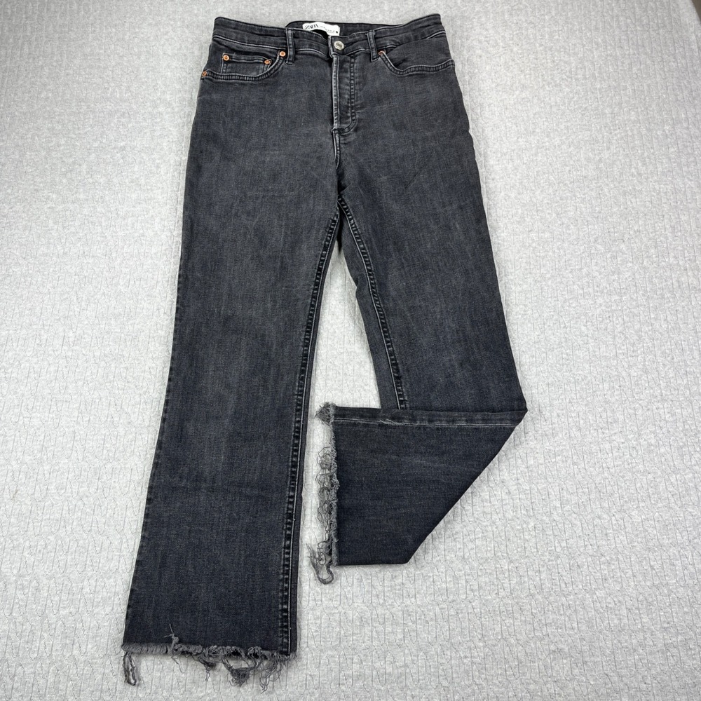 Zara Bootcut Flare Jeans Women 8/27X25 Black High Rise Raw Hem‎ Distressed Denim